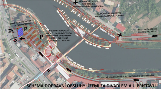 Schema dopravní obsluhy a parkování u Slováckého divadla  - pod Parkem Bastion